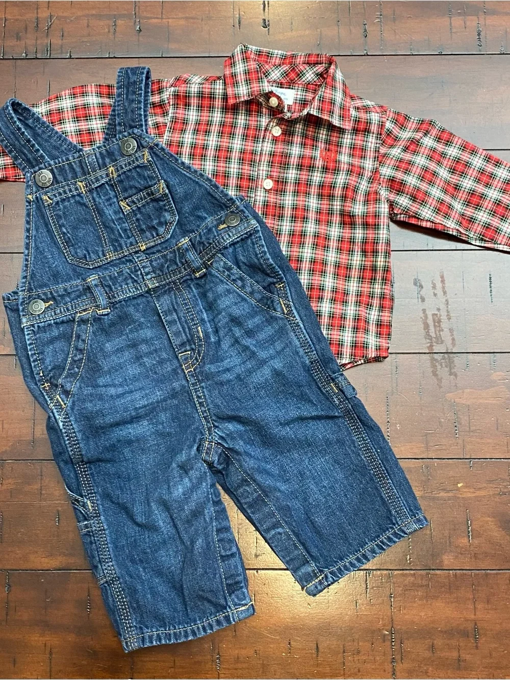 Baby Boy Bundle: Gap Denim Overalls (6-12M) & Chaps Plaid Button-Down (6M)